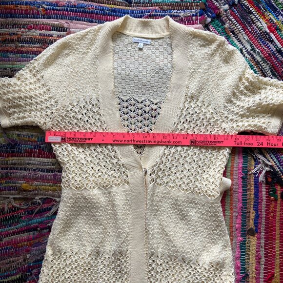 School Teacher Vibes Open Weave Cream Colored Short Sleeve Belted Sweater L - Picture 7 of 8